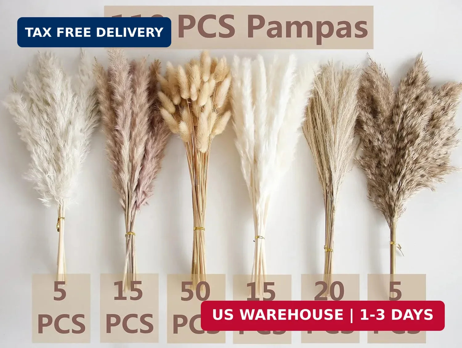 110 PCS Dried Pampas Grass Bouquet, Boho Table Decor, Bunny Tails Dried Flowers,