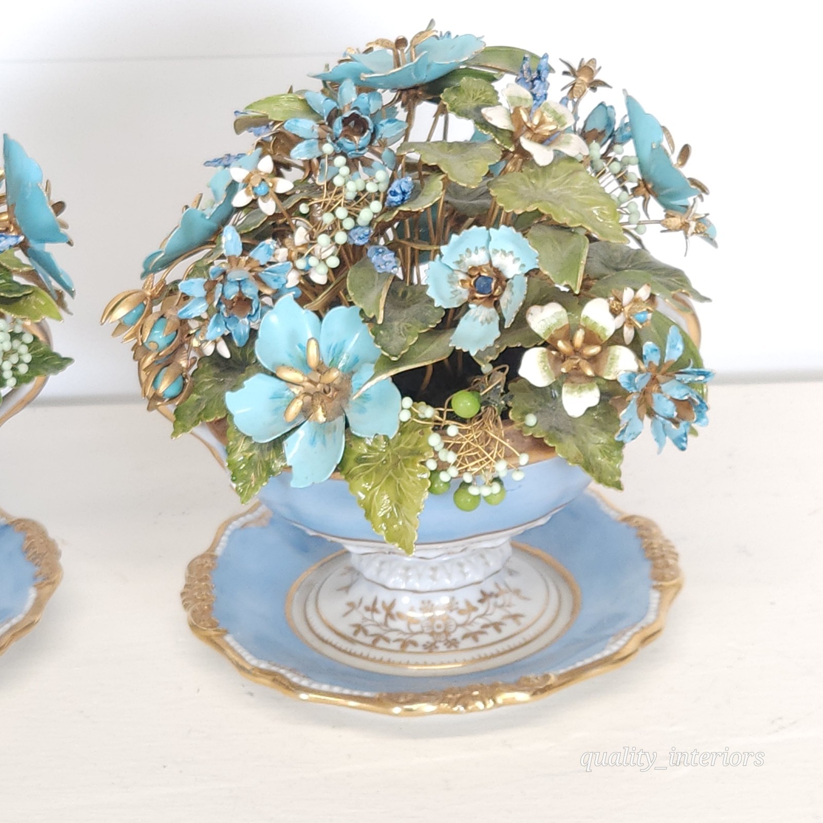 Pair Jane Hutcheson for Gorham Blue 2 Handled Teacup & Saucer Floral Arrangement