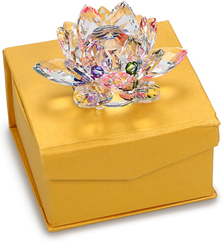 Sparkle Crystal Lotus Flower Hue Reflection Feng Shui Home Decor with Gift Box (