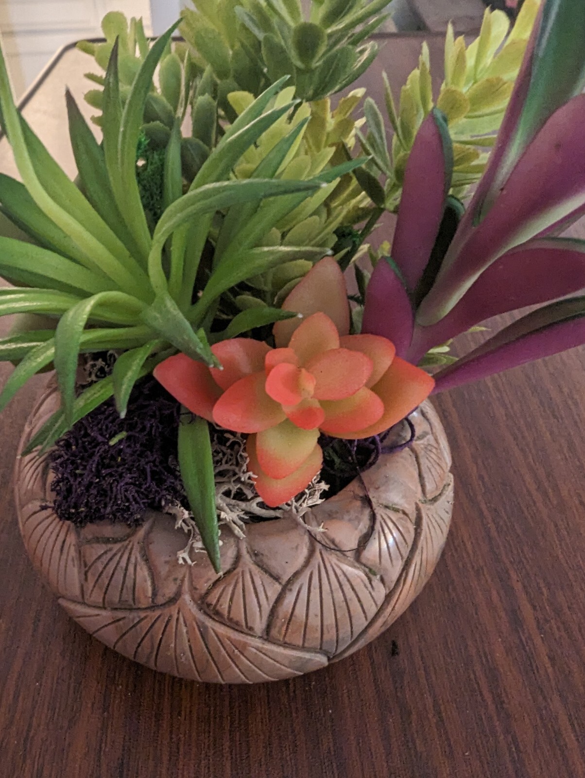 Carved Stone Lotus Bowl Repurposed W/Faux Succulents 5 In. Tall 4 In Wide