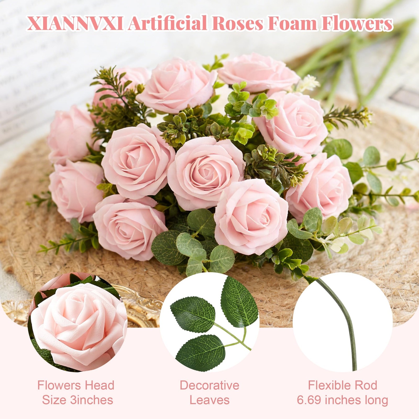 Peach Pink Artificial Flowers Foam Fake Roses with Stems Pink Flowers for DIY…