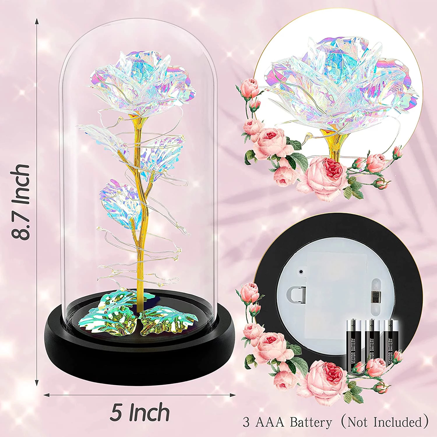 Childom Artificial Flower Rose Light Multicolor Glass Dome 5×8.7″ w/ LED Lights