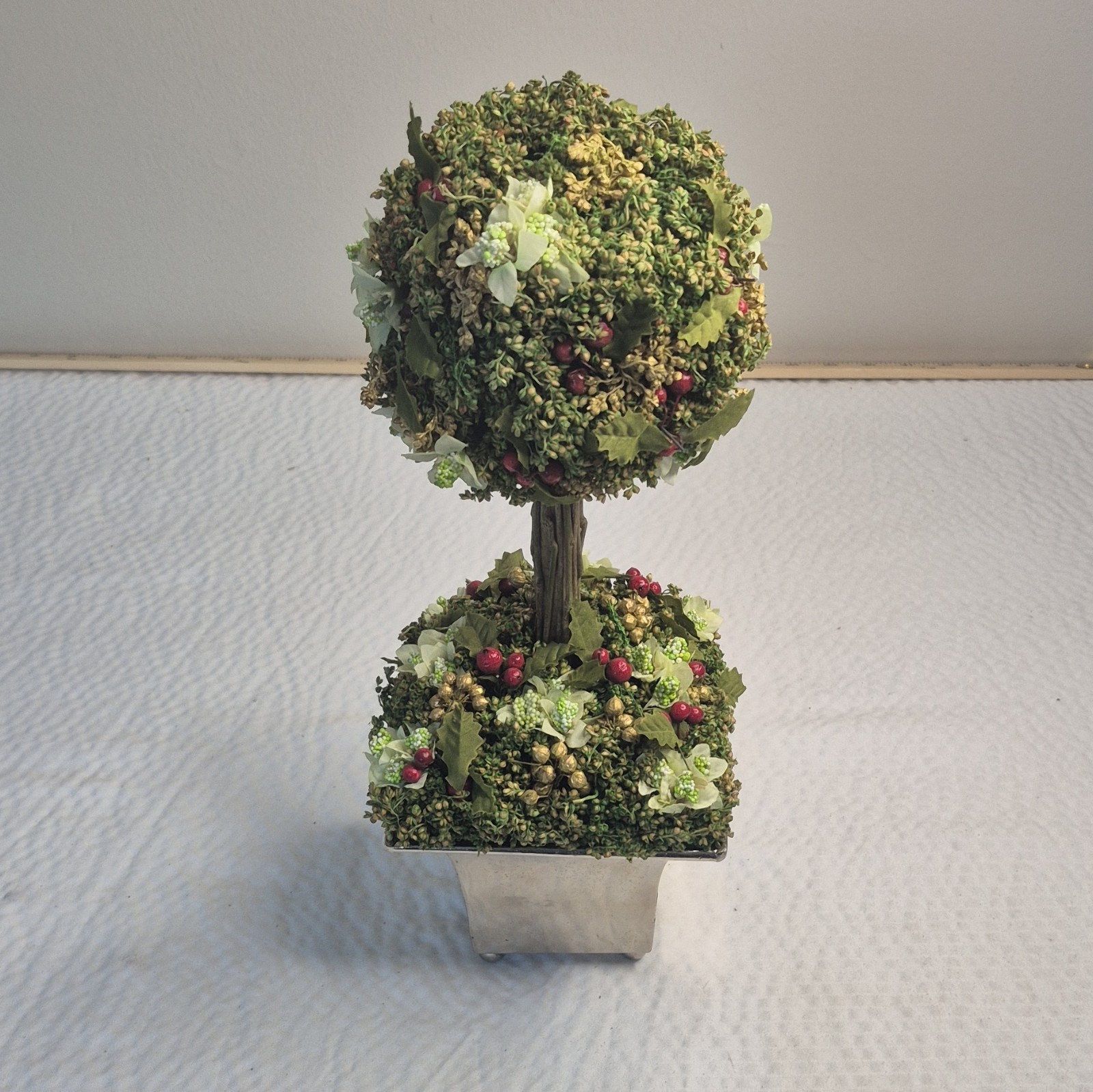 Artificial Double Ball Topiary in Silver Metal Planter Pot 11 in