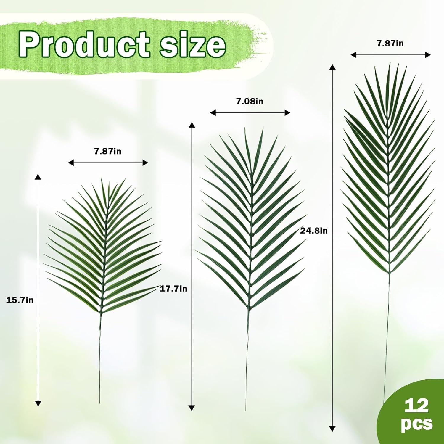 12 PCS Mixed Size Faux Tropical Leaves, Realistic Artificial Green Palm Fern