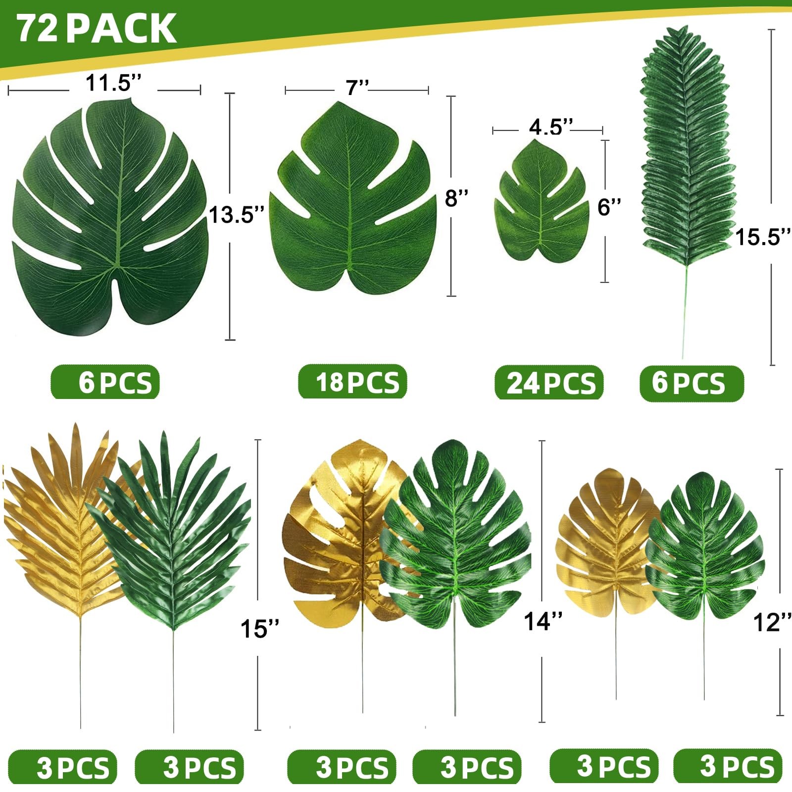 Tropical Palm Leaves, Luau Party Supplies, 72 Pcs Set, Green
