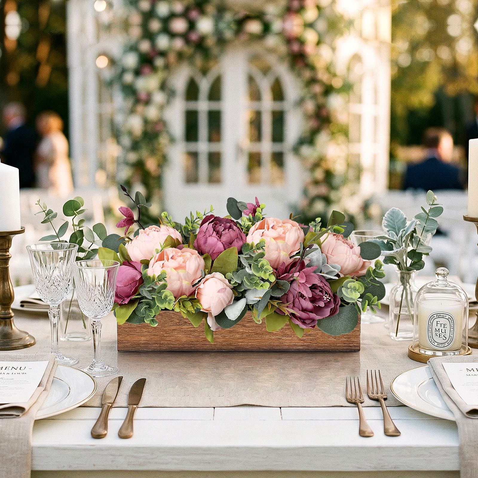 Dusty Mauve Pink Artificial Peony Fake Flower Wood Tray Table Centerpieces