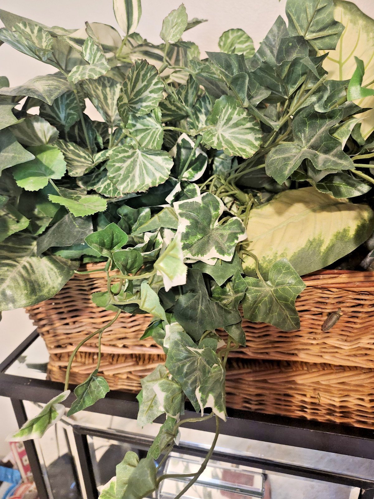 Large Faux Plant Arrangement Wicker Basket Artificial Ivy Greenery Home Decor