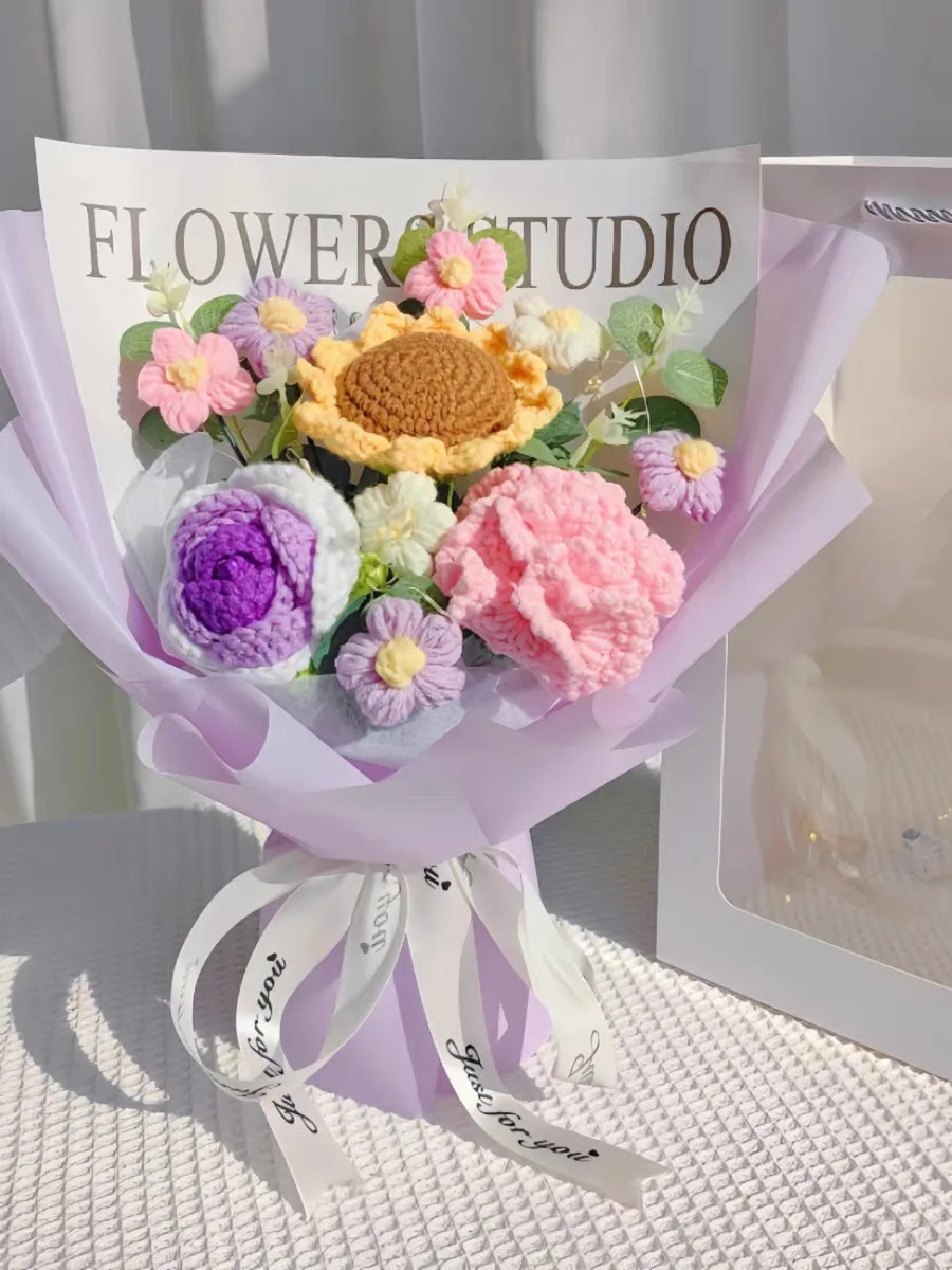 Handmade Crochet Flower Bouquet Decoration Flower Plush Ornament Gift