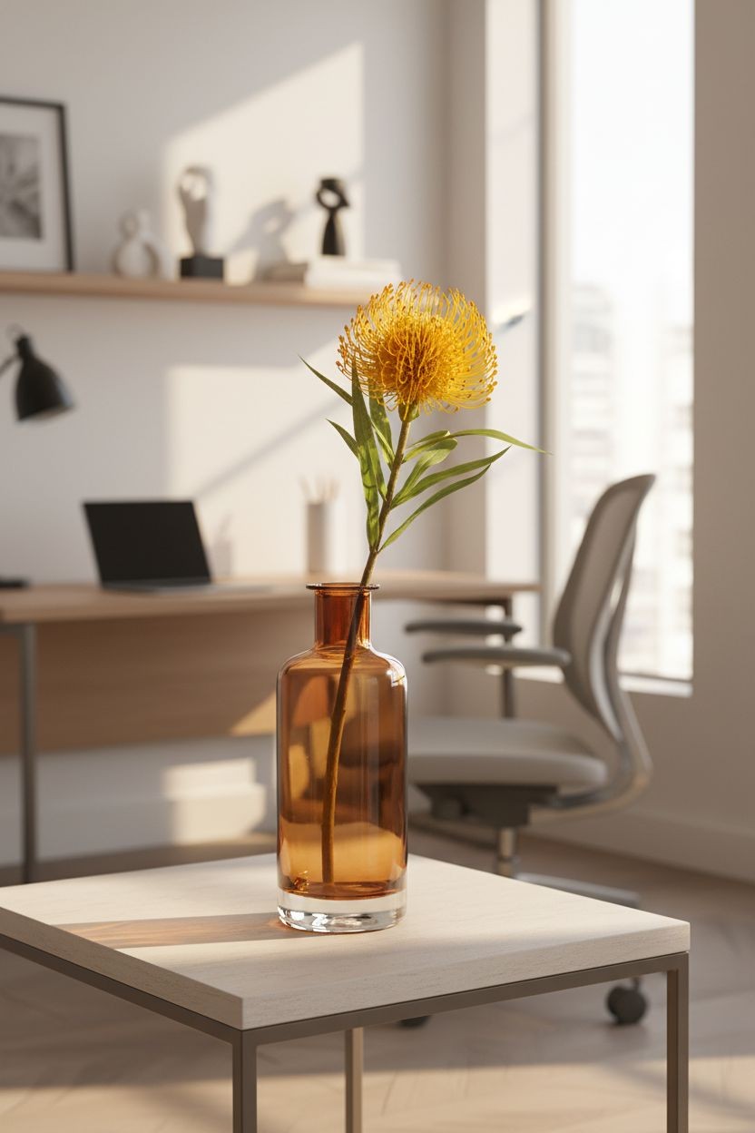 Artificial Yellow Orange Pincushion Protea Stem | Faux Leucospermum Flower | Tro