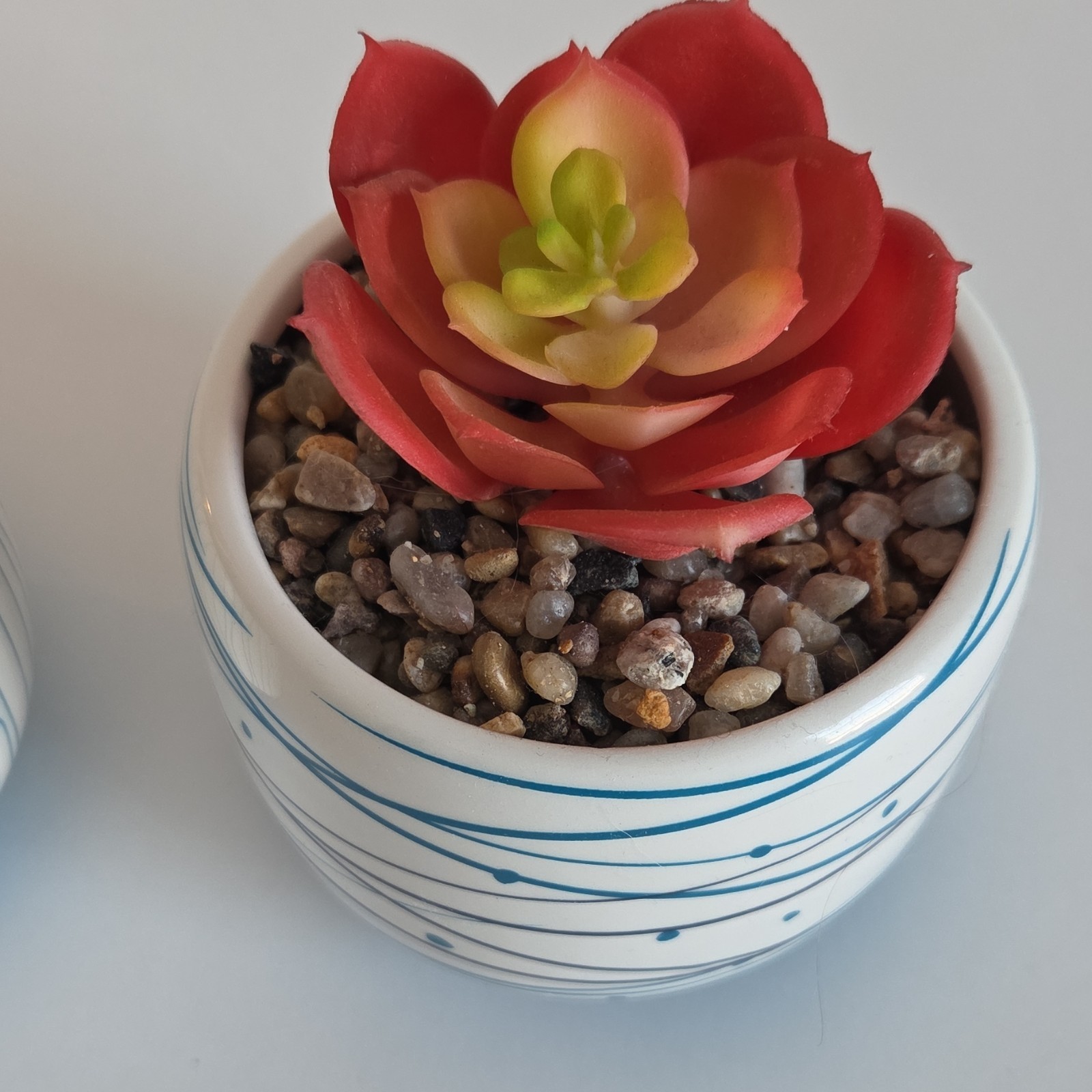 Set of 2 Artificial Succulent Southwest Decor Blue and White Ceramic Pots