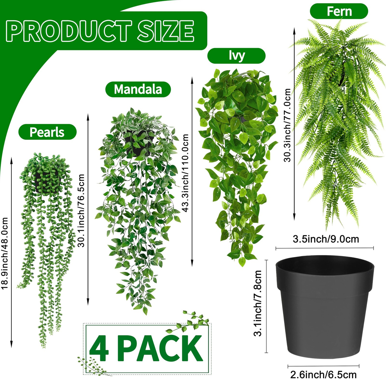 Artificial Hanging Plants for Shelf, 4 Pack Fake Potted Greenery Plant Faux M…