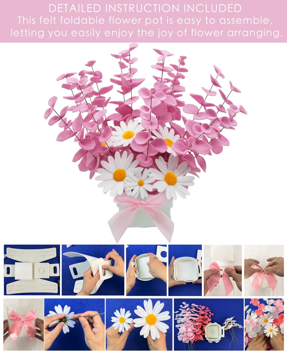 BAZIMA Felt Eucalyptus Daisy Bouquet,Felt Flowers,Multi-Color Felt Leaves,DIY…