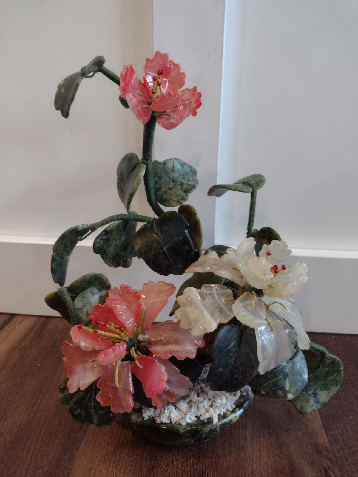 Vintage Bonsai Blossom Flower Tree Jade Agate Quartz Stone Glass Gorgeous 10″