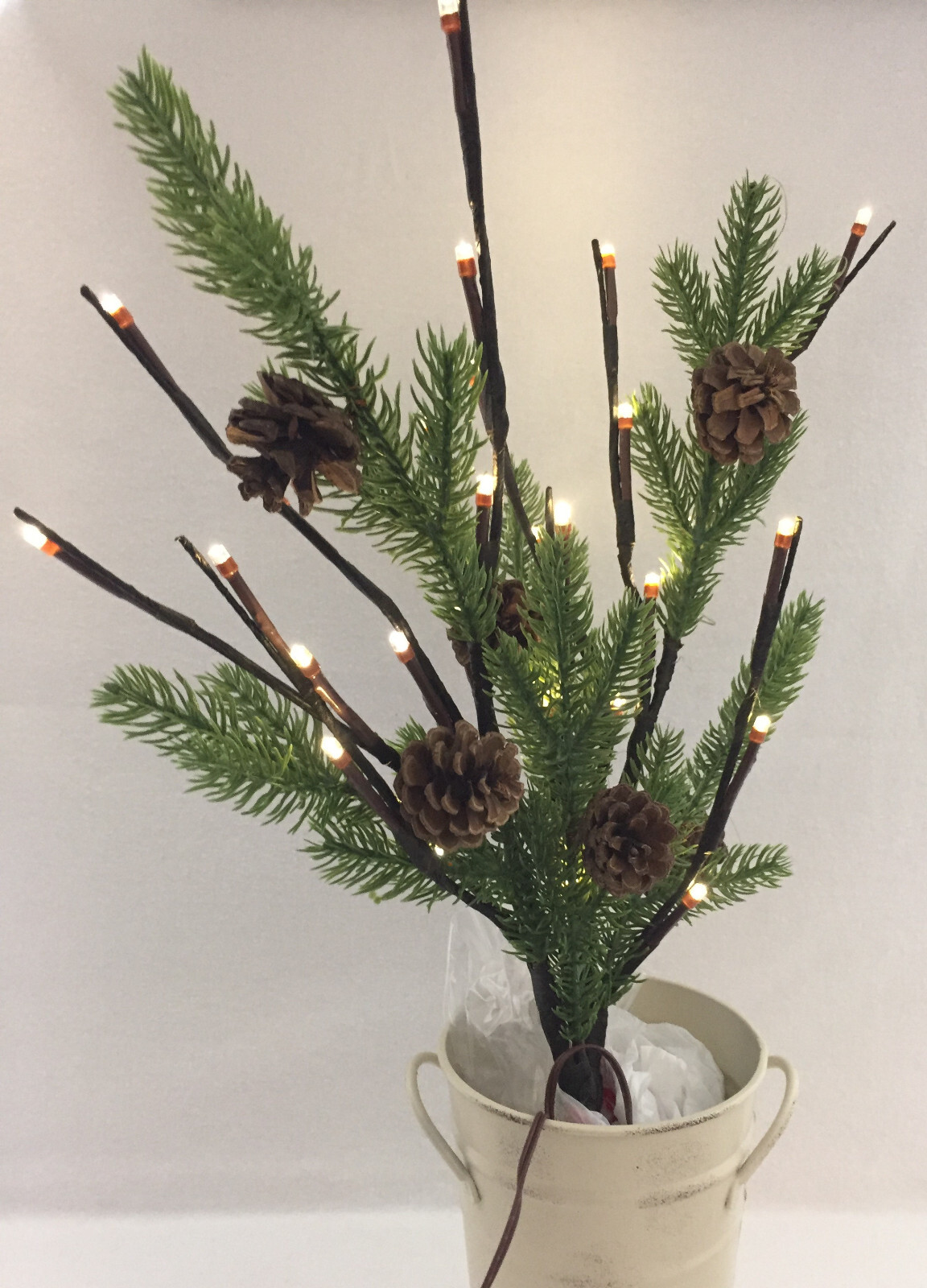 Lighted Artificial Pine Evergreen Branches W/Natural Pine Cones 19.75″ Set of 2