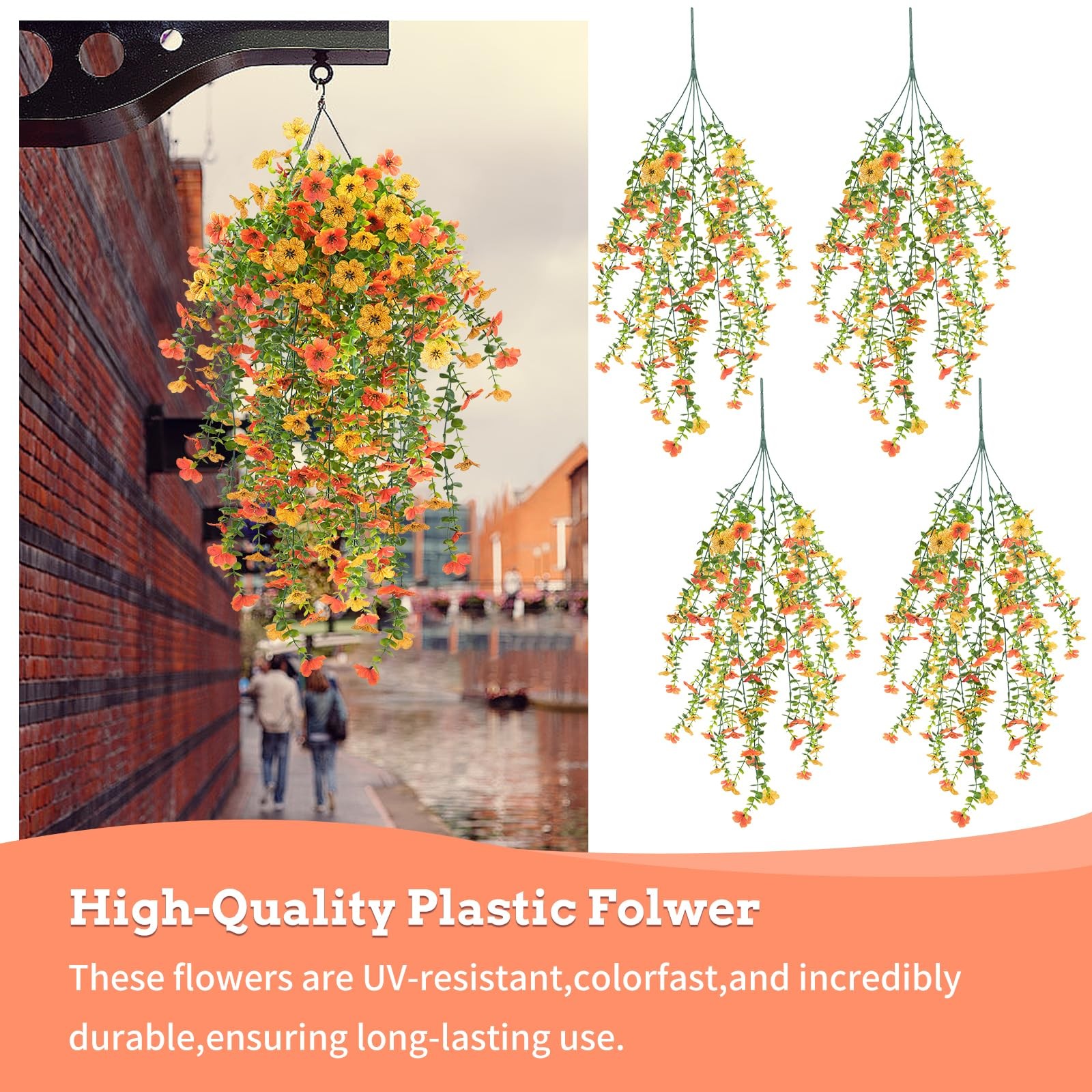 4 Pcs 30in Artificial Hanging Flowers for Outdoors in Pot, Orange