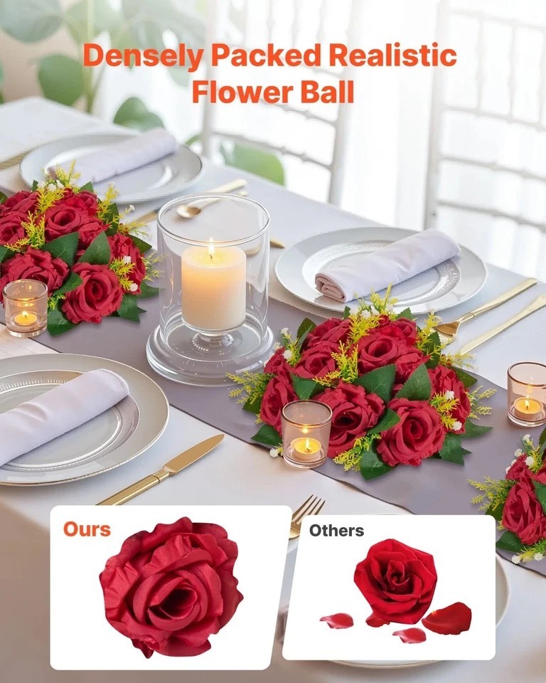Flower Balls Arrangement Bouquet 10 PCS, 9.5-Inch Wedding Red Roses Centerpieces
