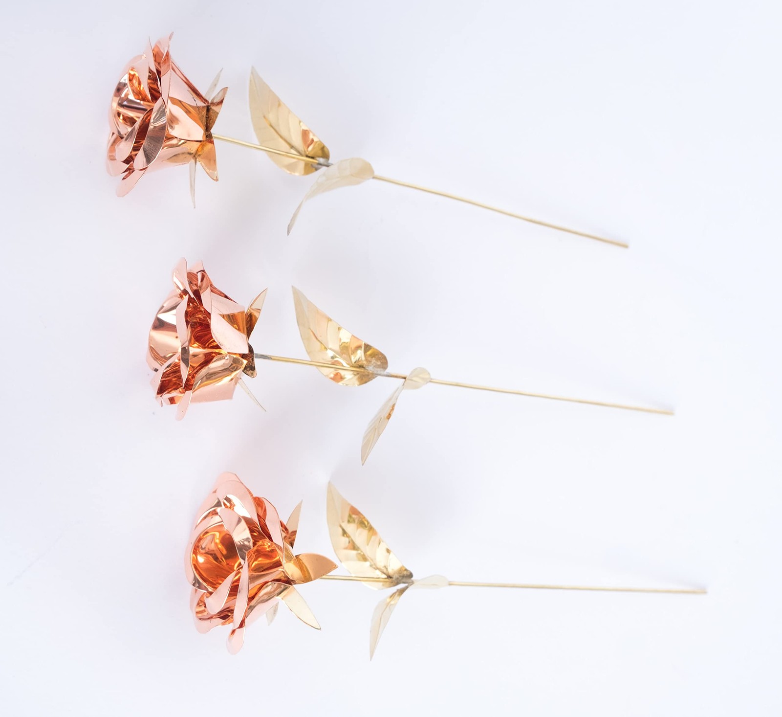 3 PCS 6.5 Inch Golden Metal Rose Hand Forged Copper Sculpture Valentine Decor