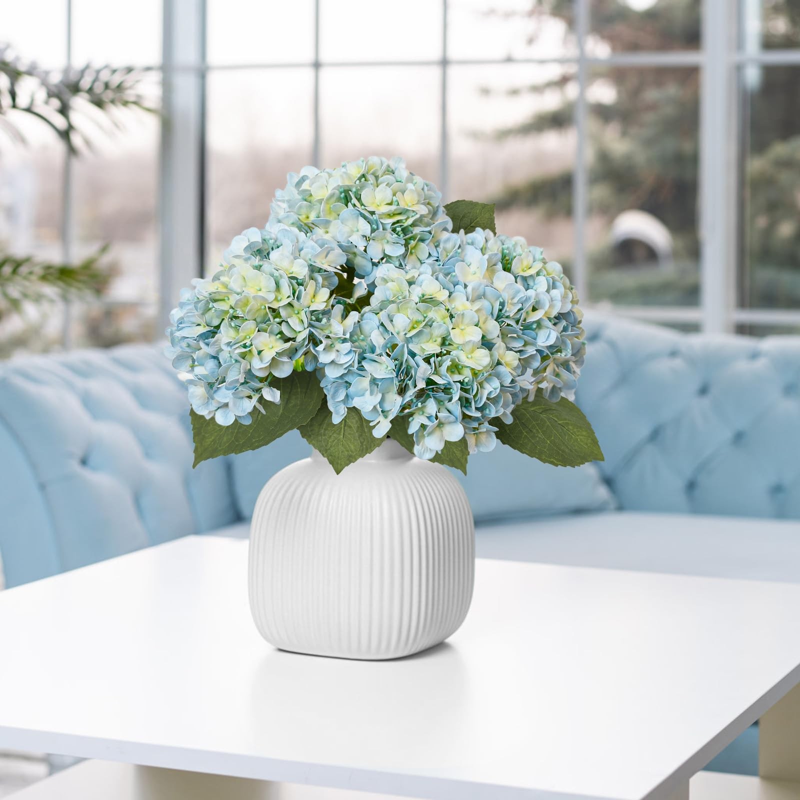 Light Blue Hydrangea Artificial Flowers 21″ Real Touch with 3 PCS Butterflies