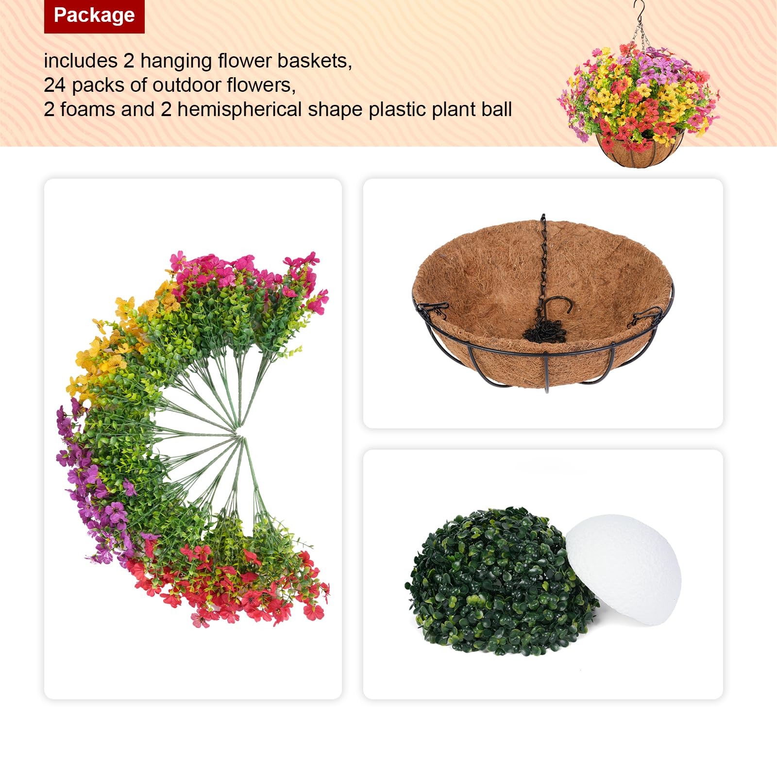 2 Set Artificial Flowers Faux Hanging Plants Basket for Spring Summer Outdoor…