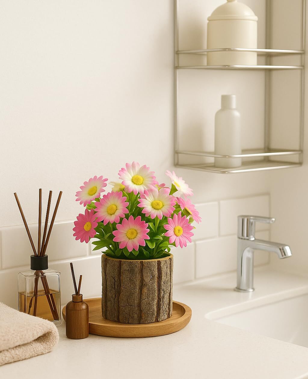 ARTIFICIAL FLOWERS FAKE DAISY FOR DECORATION SMALL POTTED PLANTS IN LOG PLANTERS