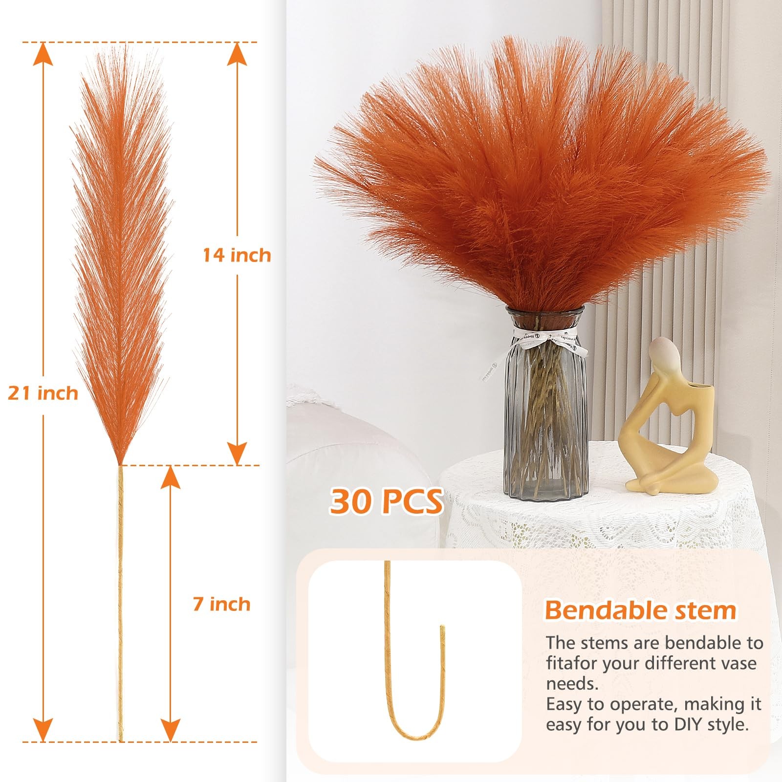 30 PCS 21.7 Inch Faux Orange Pampas Grass Bulk Artificial Dried Vase Filler