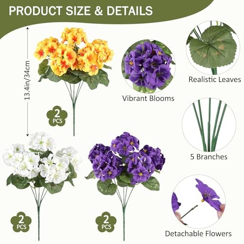 Bundles Artificial Geranium Flowers for Outdoors Spring 6 Purple White Yellow