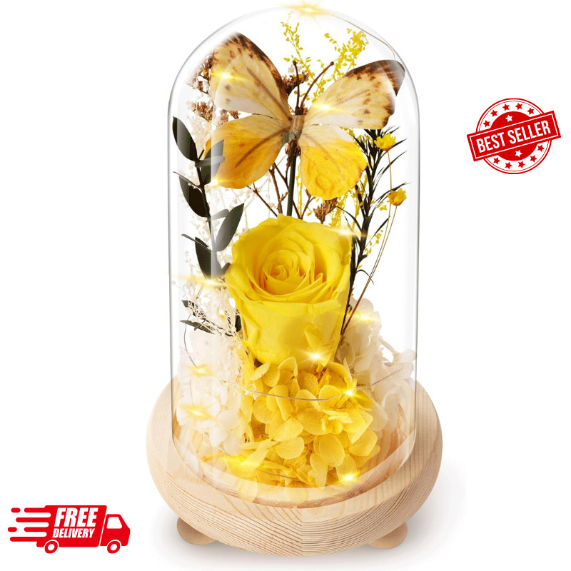 Preserved Yellow Roses in Glass Dome – Perfect Gift for Her on Any Occasion