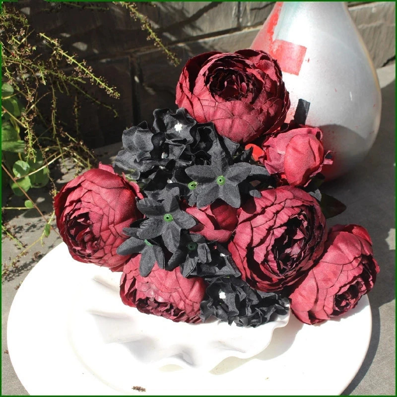 12-Head Black Peony Rose Hydrangea Artificial Bouquet DIY Wedding Decor Flowers