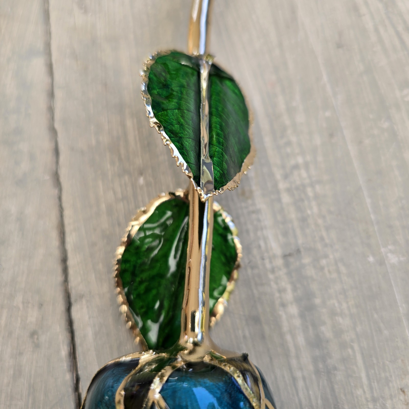 Long Stem Dipped 24k Gold Real Rose Teal Blue Enamel Coated Flower Elegant Decor