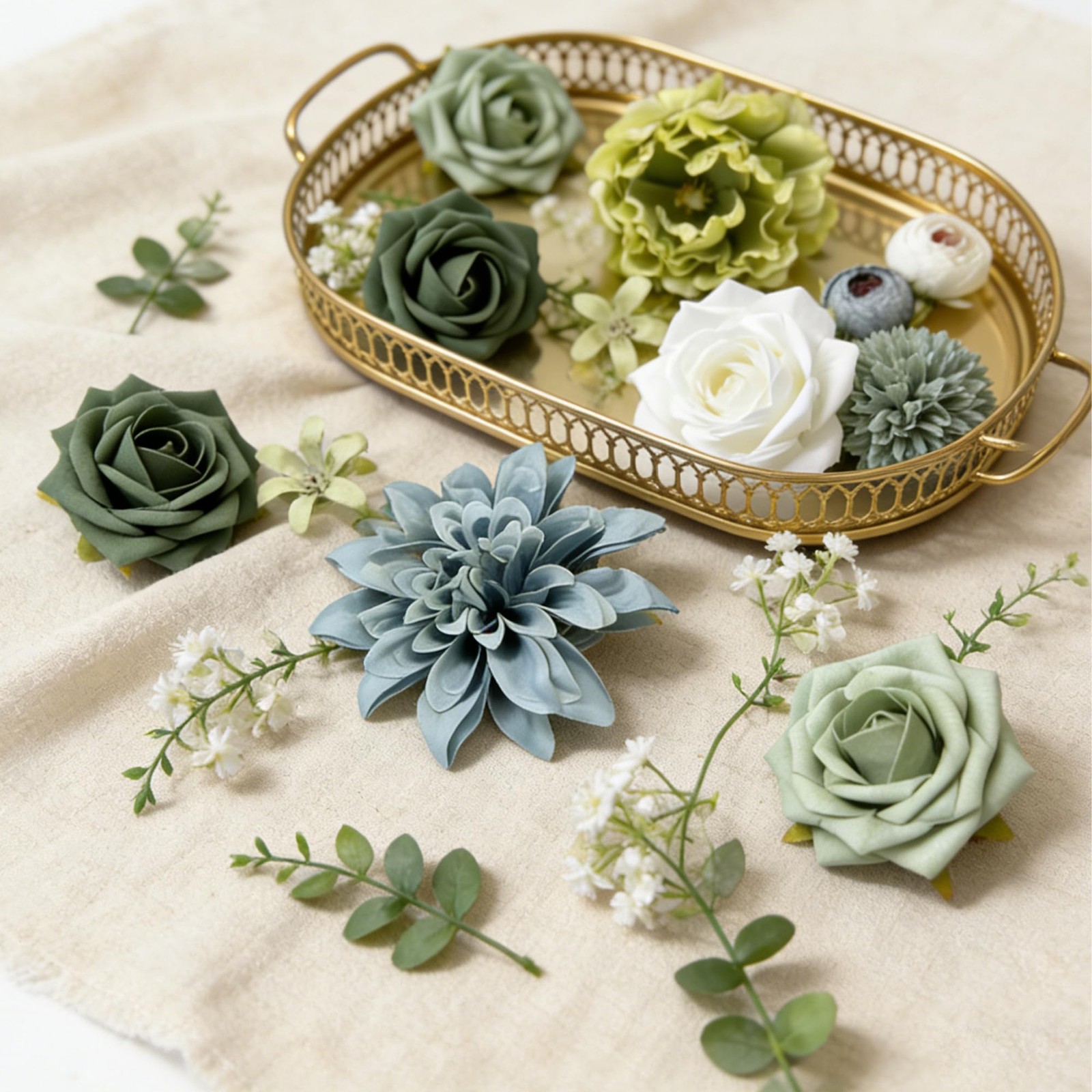Green Artificial Silk Flowers Combo with Dahlias, Roses & Green Stems for DIY…