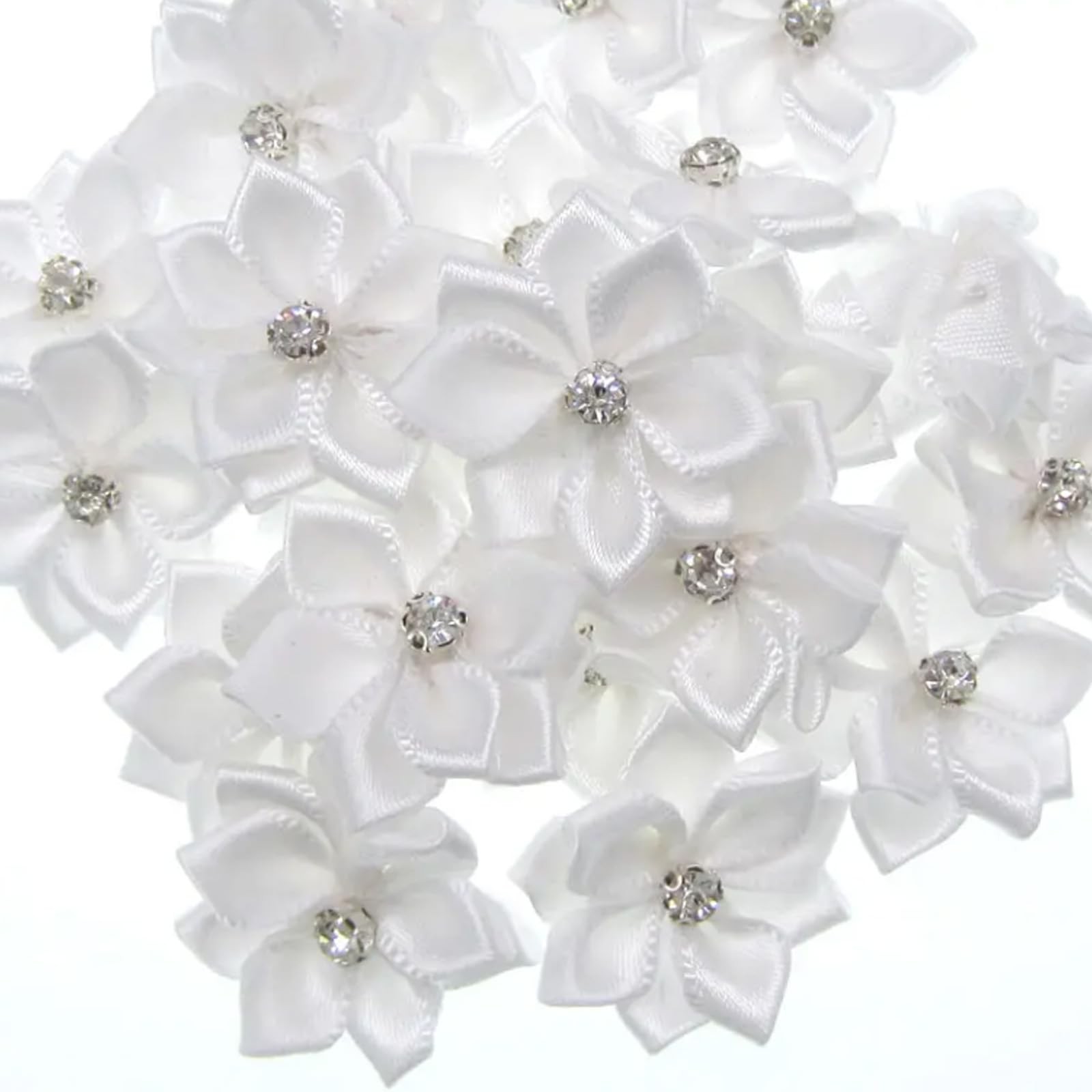 50 PCS White Satin Ribbon Flowers 1 Inch Small Rhinestone Center Applique