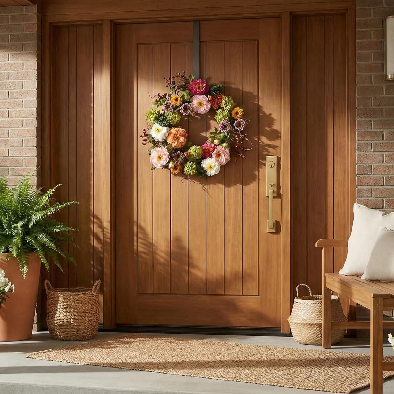 24In Artificial Peony Wreath Multicolor Faux Floral Spring Wreath for Front Door