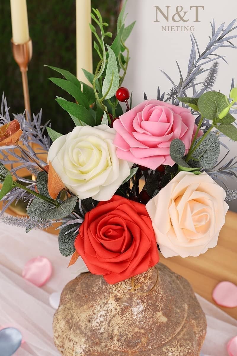 Artificial Flowers 25pcs Real Looking Artificial Roses with Stems for Valenti…