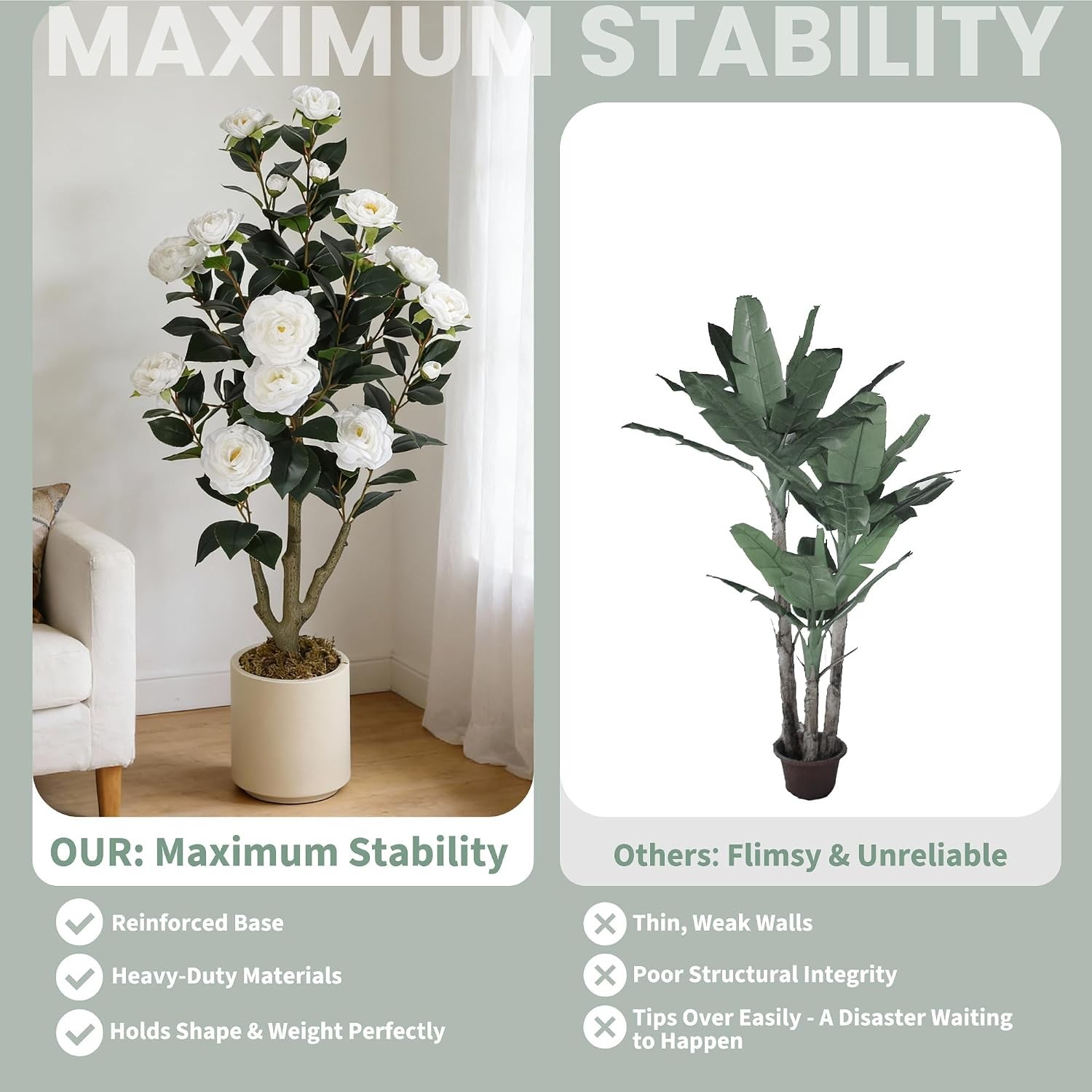 3/5FT Artificial Camellia Tree Lifelike Silk White Flowers Potted Faux Plant
