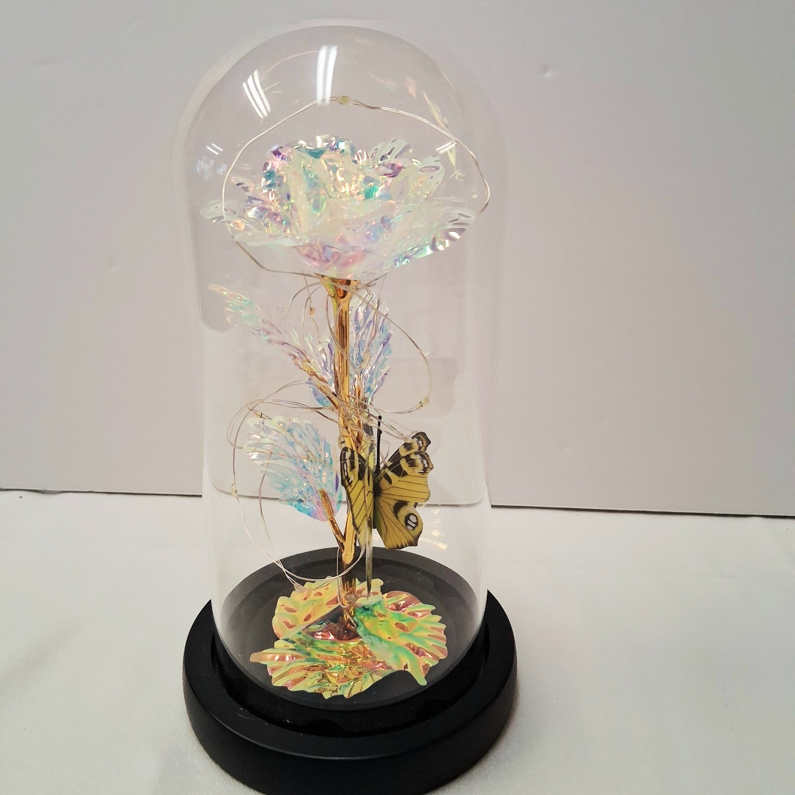 LED Galaxy Iridescent Rose Multicolor Light In Glass Dome W/Butterfly Great Gift