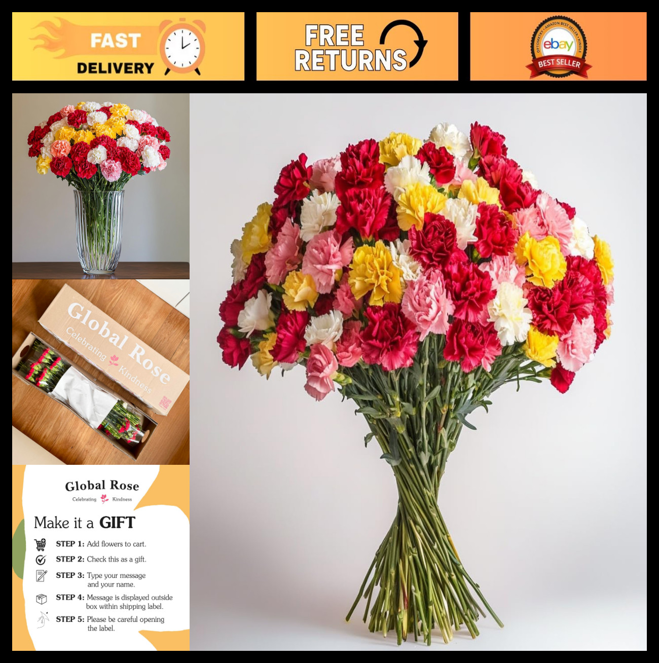 100 Assorted Carnation Flowers – Fresh Next-Day Delivery Bouquet for Graduation,
