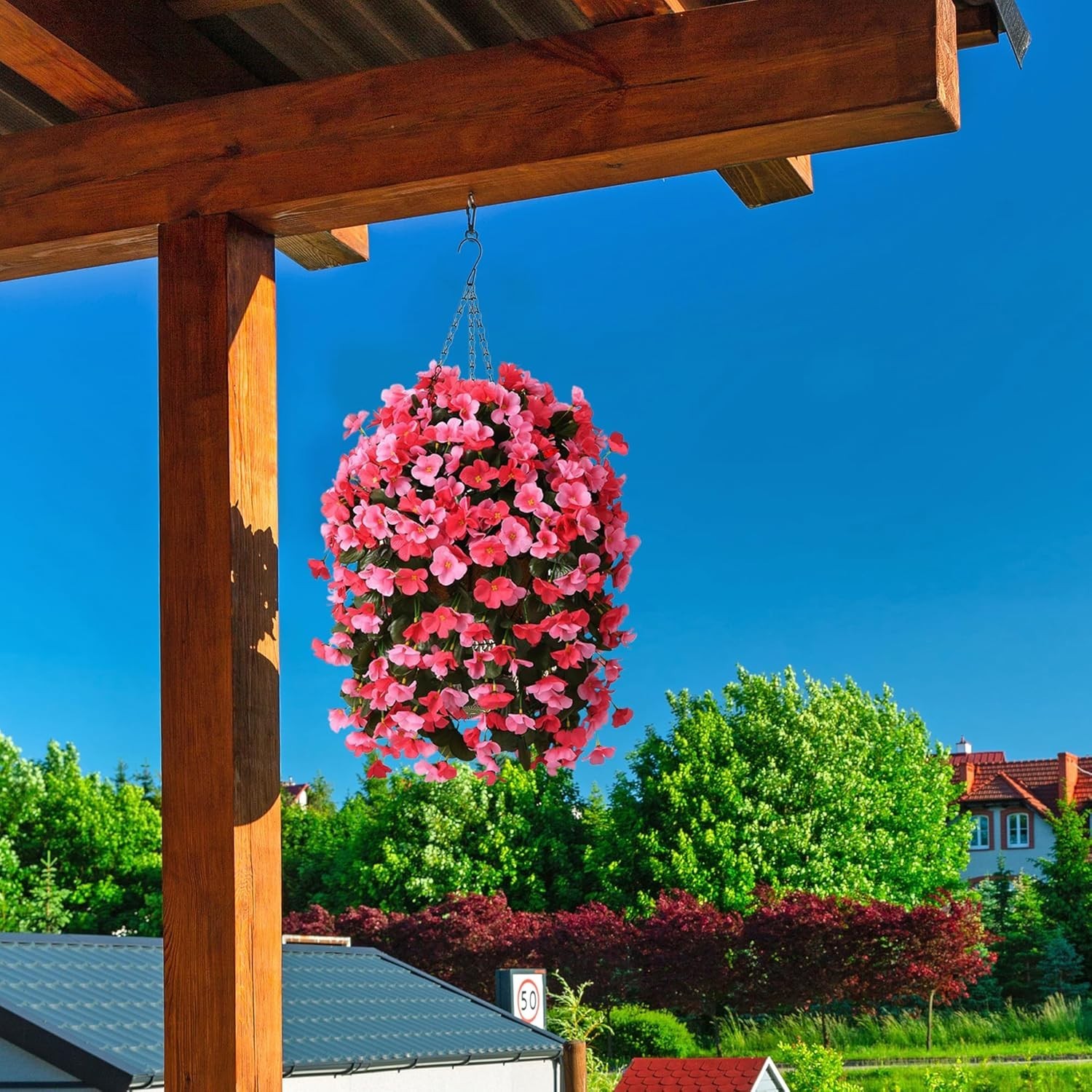 Low Maintenance Hanging Flower Basket – 4 Silk Begonias for Outdoor Elegance