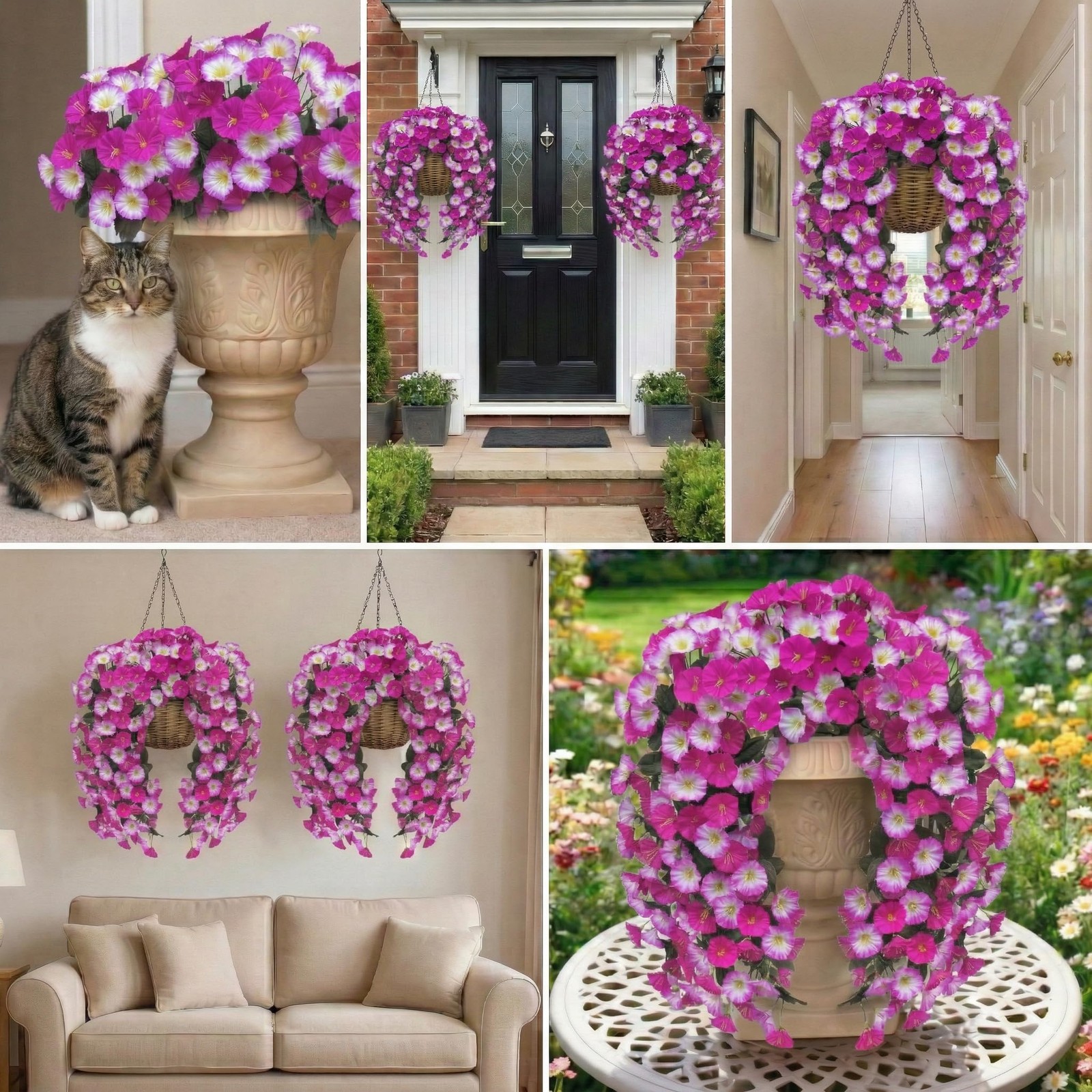 Artificial Flowers for Outdoors Fake Fuchsia Pink Morning Glory Hanging Flowe…