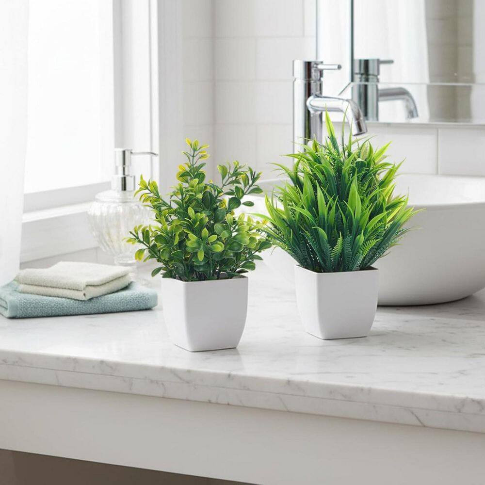 Small Artificial Greenery Plants in White Pot Garden Statue , 4-Pack