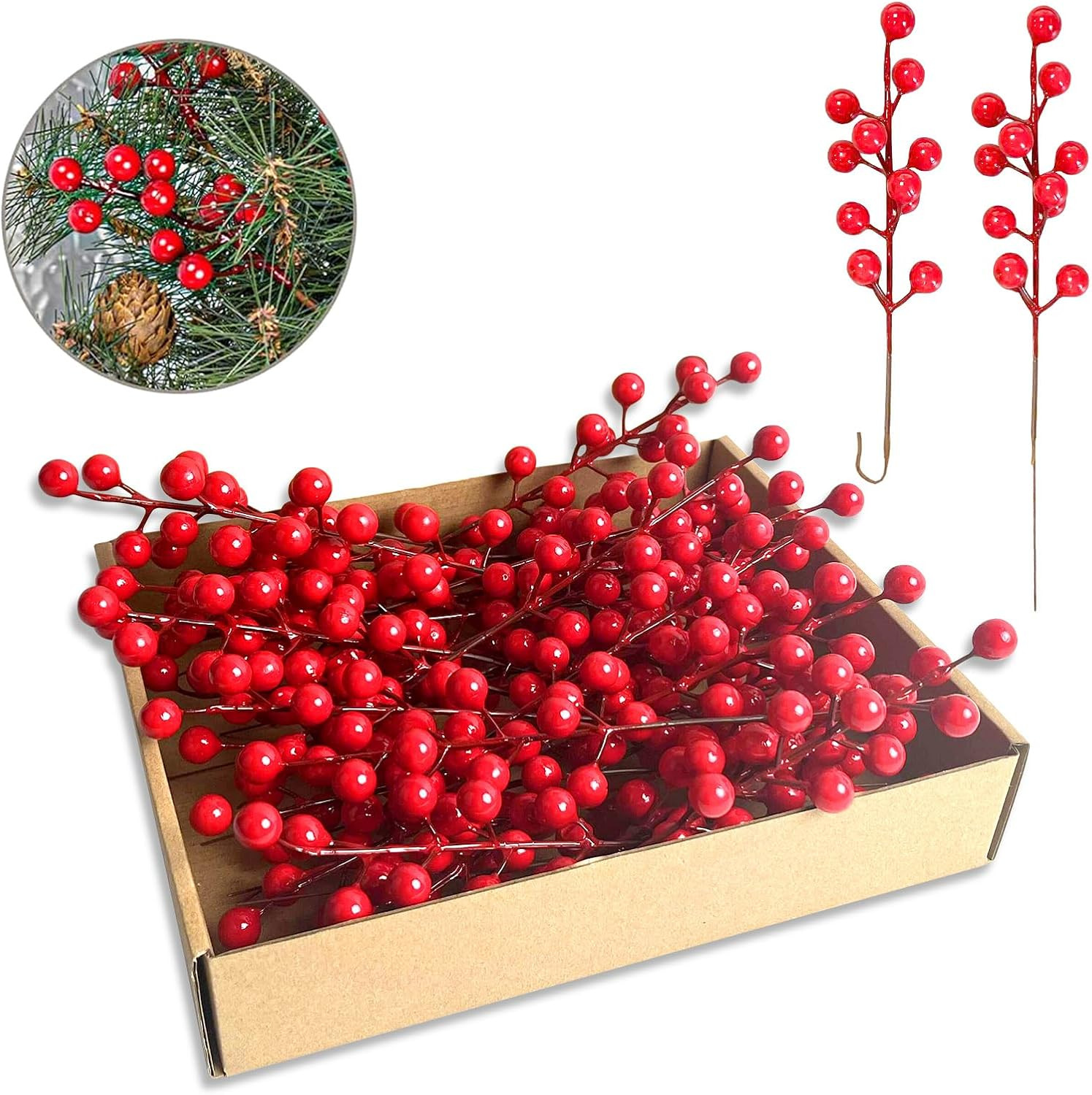35pcs Christmas Tree Decorations, 9″ Artificial Red Berry Stems – Red Berries