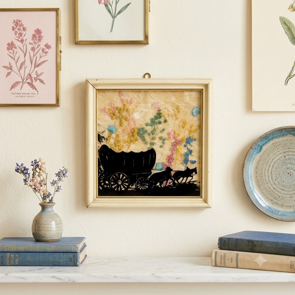 Vintage Mary Fisher Style Silhouette Covered Wagon Milkweed Art