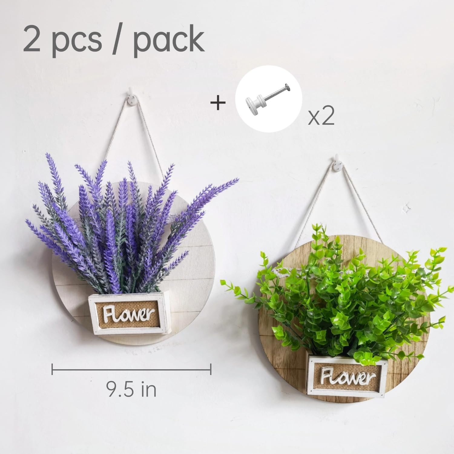 2 Pack Hanging Wood Wall Planter Vase with Artificial Eucalyptus and Lavender…