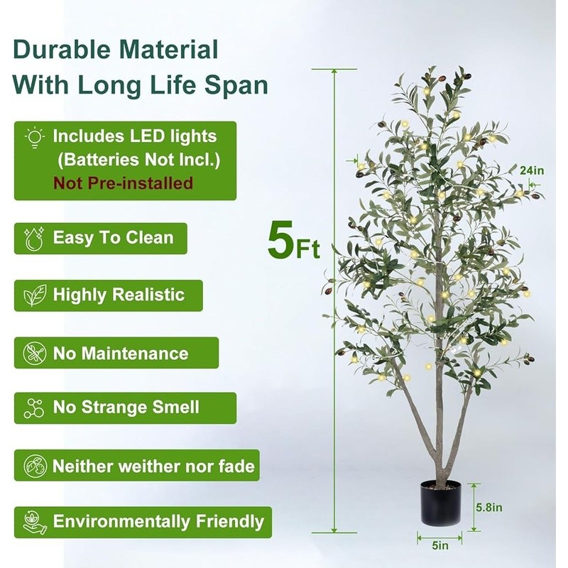 Artificial Olive Tree Indoor Plant W/ Moss Fairy Lights Low Maintenance Decor US