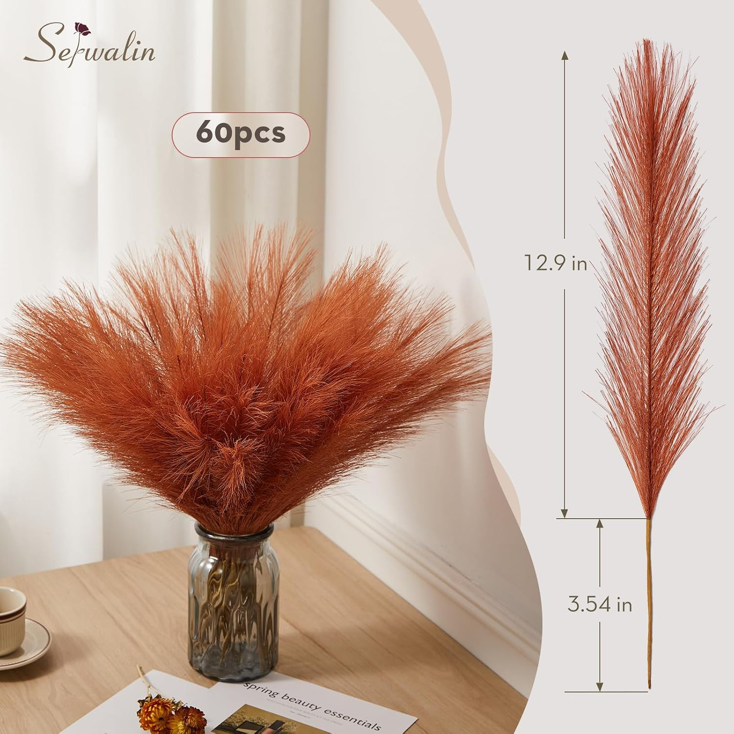 60PCS 17.7″ Burnt Orange Pampas Grass Decor for Vase Filler Home | Artificial Sh