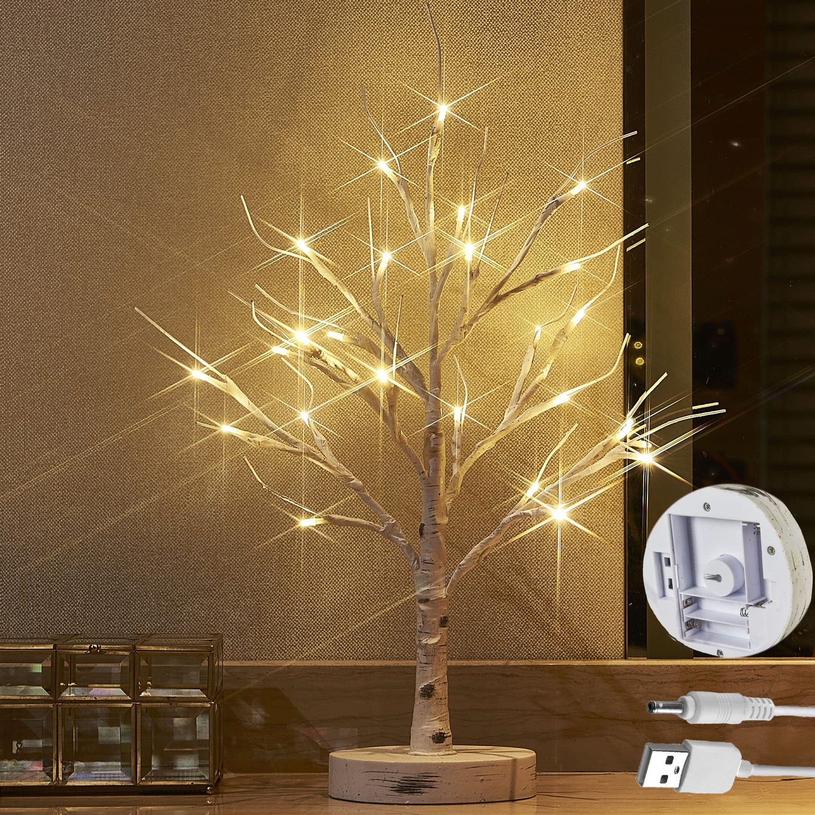 Lighted Birch Tree with Timer Battery Operated or USB Plug-in 18IN 24 LED, Ea…