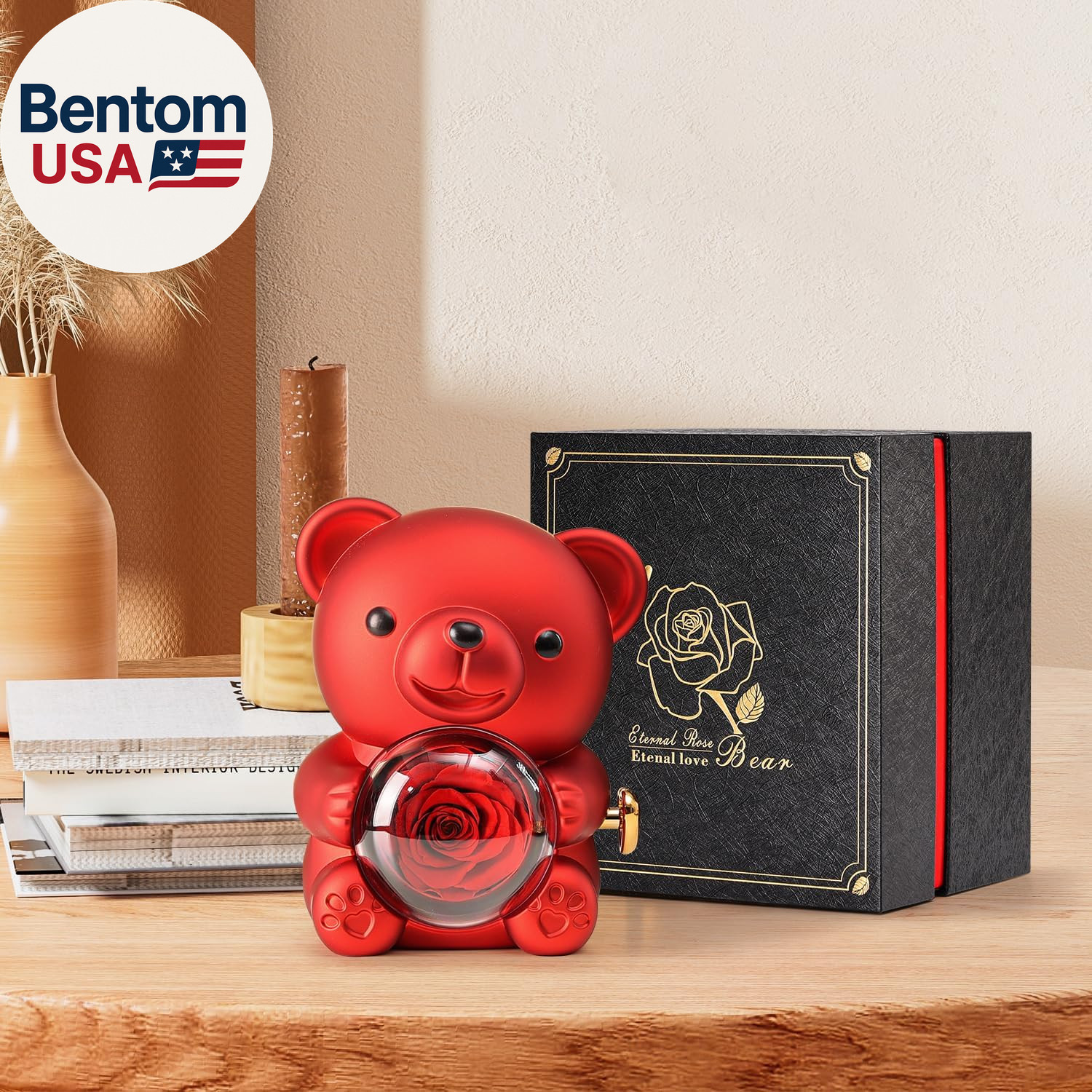 Cute Teddy Bear with Preserved Rose – a Real Rose Flower in Bear with Elegant Gi