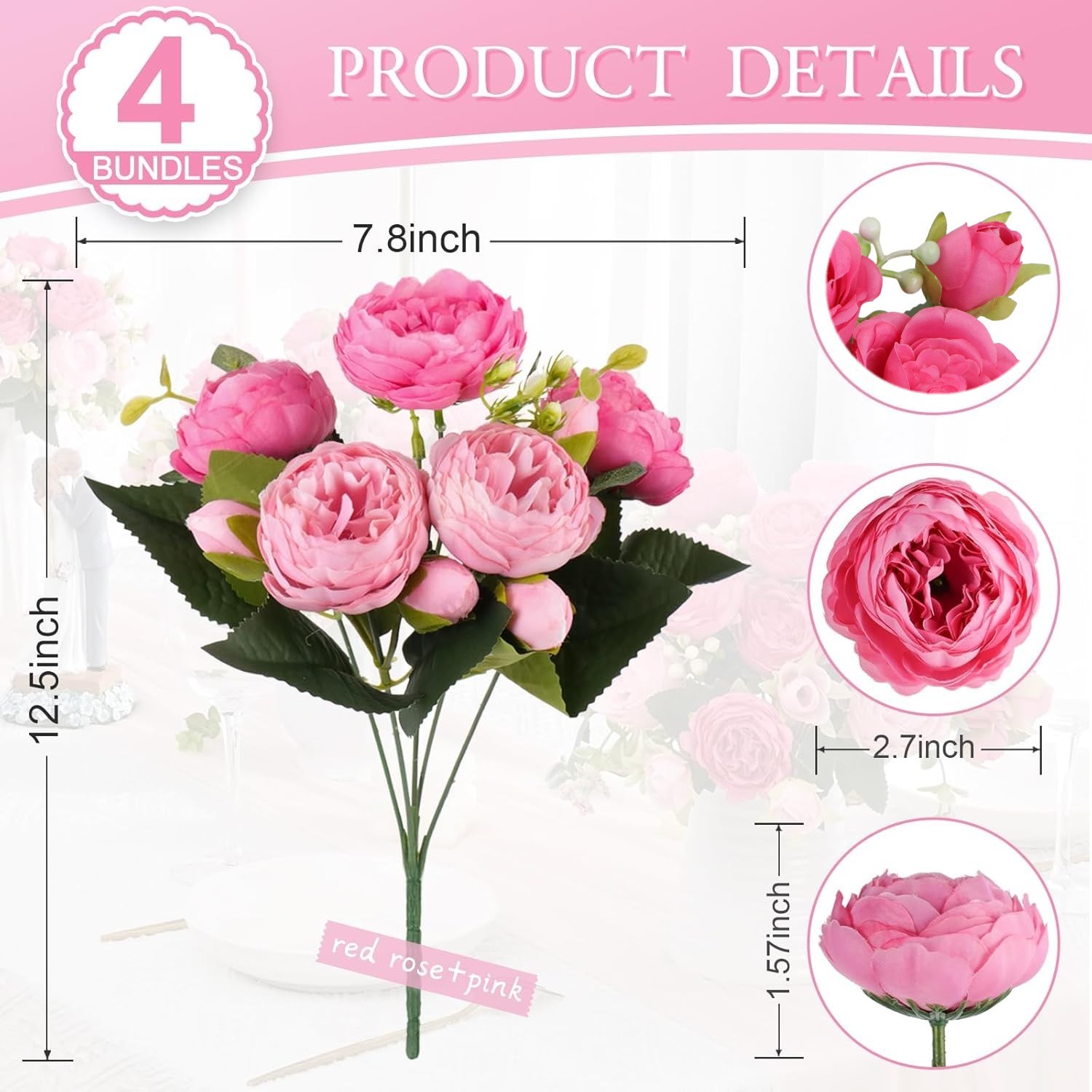 4 Bundles 36 Heads Pink Peony Fake Artificial Flowers Bouquet For Wedding Decor