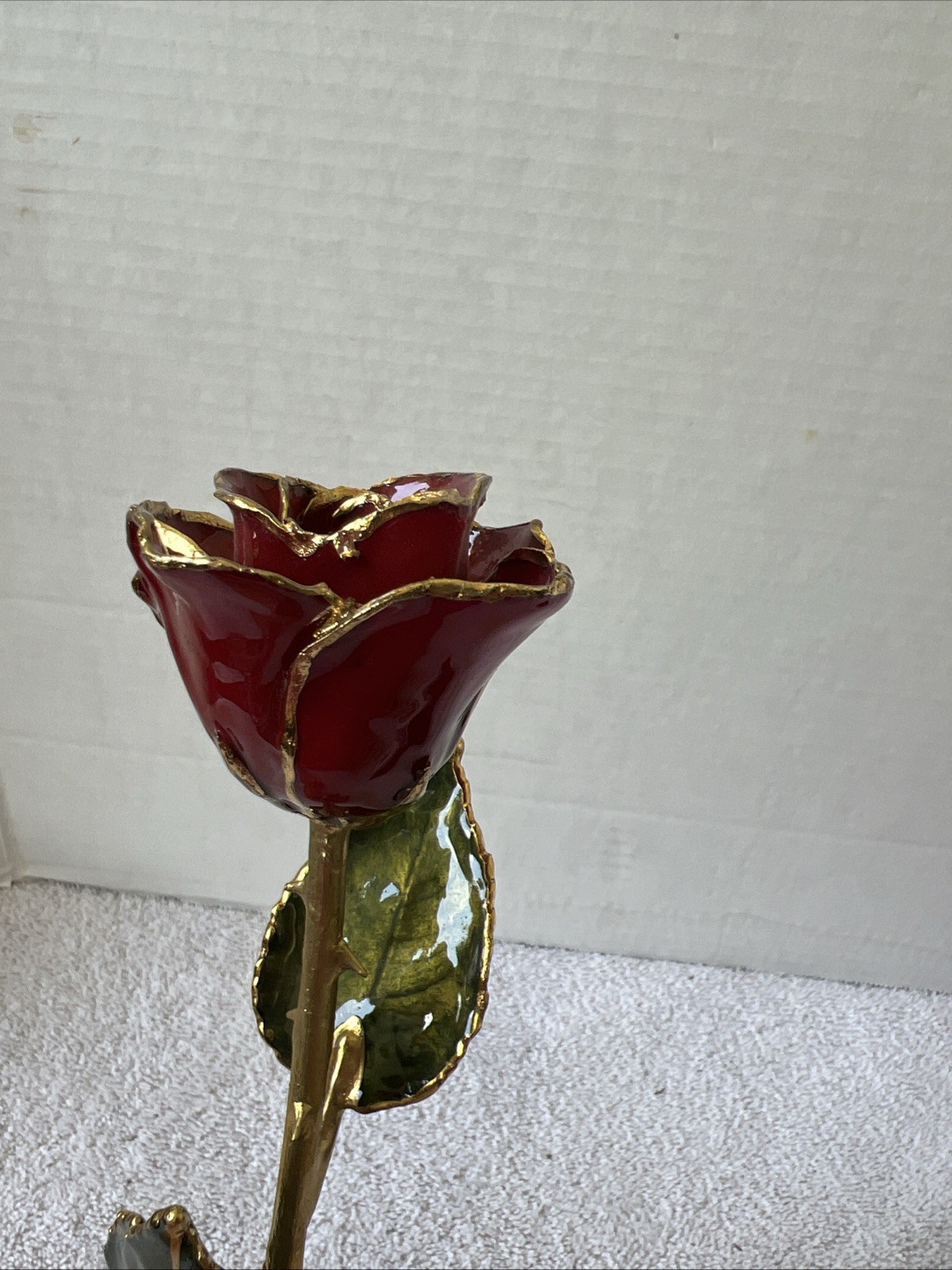 Handcrafted Preserved Red Rose Gloss Laquered With 24K Gold Plated Trimmed