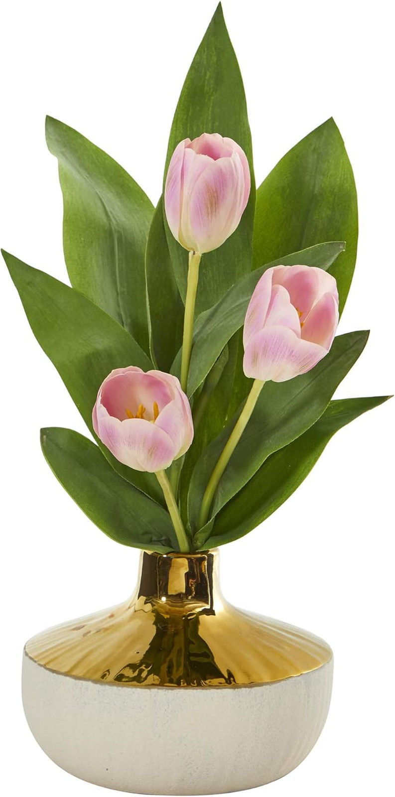 Elegant Pink Tulip Silk Arrangement in Gold and Cream Vase – 18In.