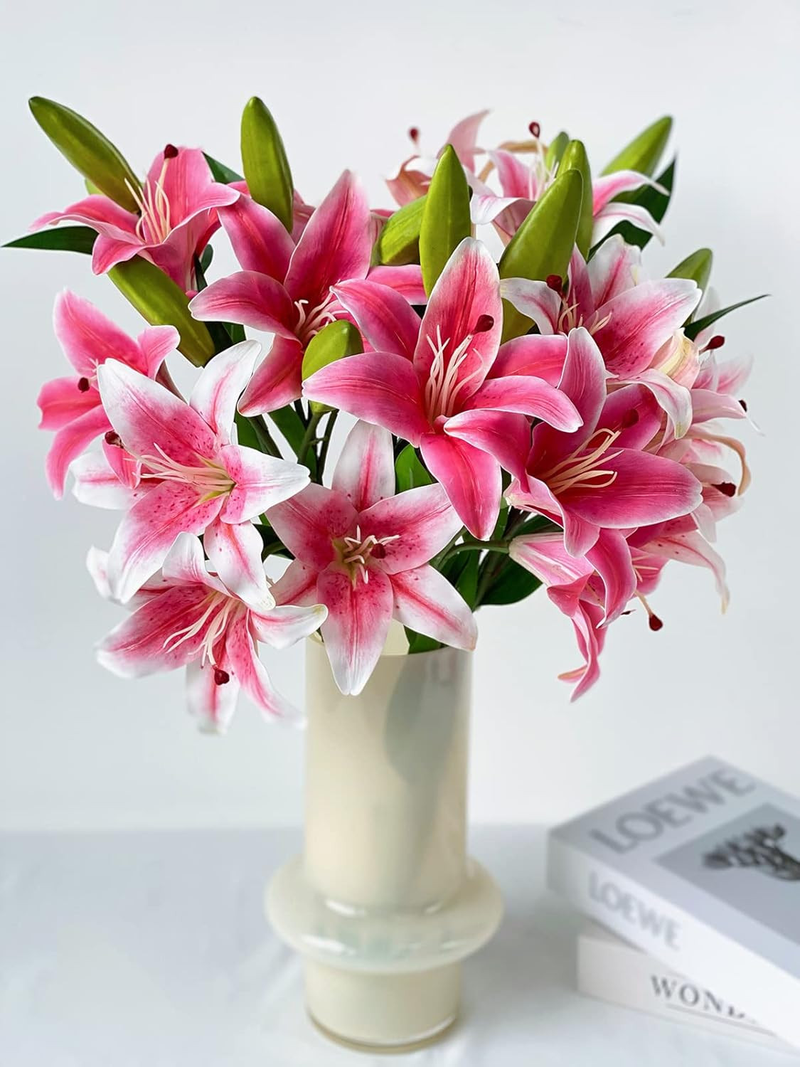 2 Pcs Pink Stargazer Lily Artificial Flowers for Decoration, 28 Inch Long Stems